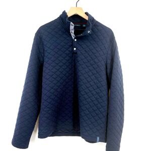 Perry Ellis Quilted Pullover Mens L Navy Excellent Diamond Stitch Mock Neck Snap